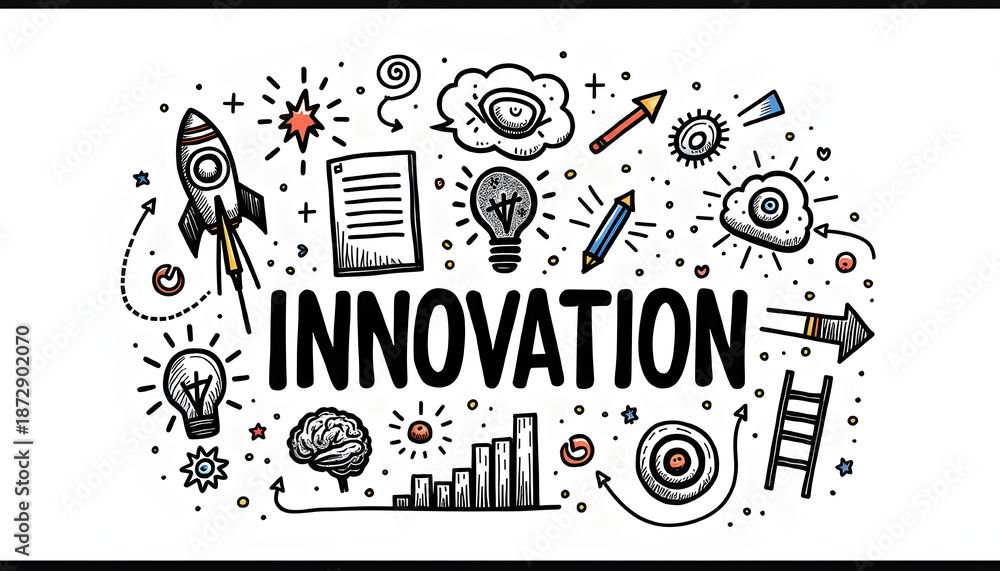 Obraz premium Hand-drawn innovation illustration with rocket, lightbulb, brain, and creative icons surrounding bold “INNOVATION” text on white background