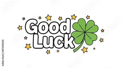 Whimsical good luck emblem with a four-leaf clover and scattering of cheerful stars