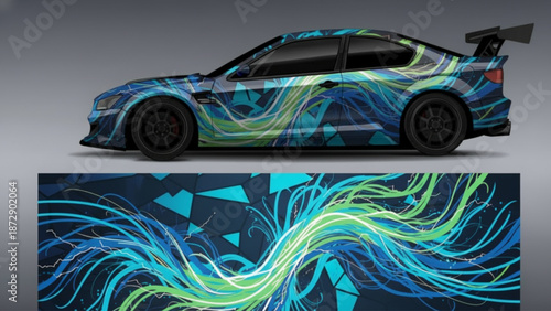 Sports car with dynamic blue and green abstract swirl decal design.