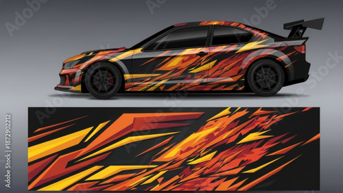 Dynamic sports car with a fiery abstract graphic decal design, showcasing vibrant orange and red speed streaks.