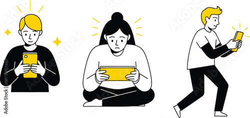 Set of people reacting to smartphone content, distracted walking and bad news concept illustration.