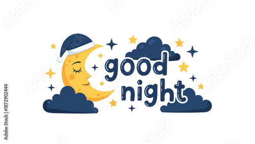 Whimsical cartoon illustration of a sleeping crescent moon with good night text and stars a serene evening graphic