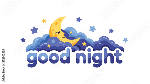 A serene bedtime illustration featuring a tranquil sleeping moon nestled among soft, dreamy clouds, adorned with scattered stars, and the gentle