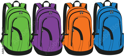 Set of four colorful sport backpack vector illustrations in green purple orange and blue featuring modern ergonomic design for hiking school and active lifestyle gear