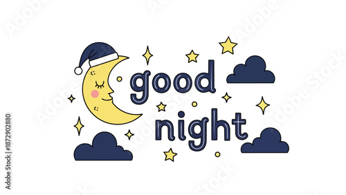 Whimsical crescent moon in a blue sleep cap, surrounded by golden twinkling stars and dark blue fluffy clouds, conveying a peaceful and serene good