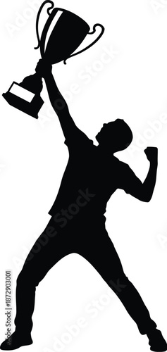 Silhouette of a triumphant person holding a large championship trophy high above their head celebrating victory in a dynamic pose against a white background