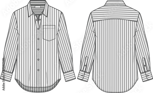 Striped formal button down dress shirt technical vector illustration with front and back views featuring chest pocket and cuff details for professional fashion mockup design