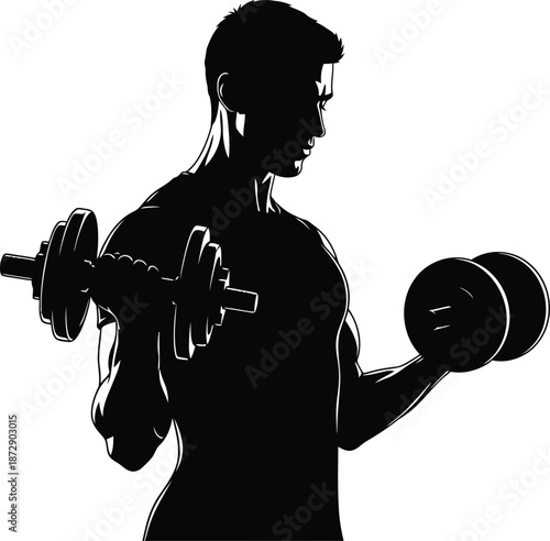 Silhouette of a muscular man performing intense bicep curls with heavy dumbbells during a focused weightlifting workout session