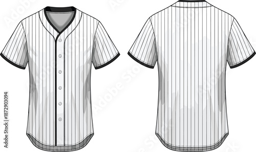 White striped baseball jersey technical vector illustration featuring front and back views with v-neck and button closure for sports team uniform fashion mockup