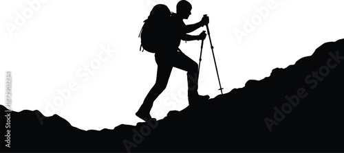Silhouette of a determined hiker carrying a large backpack and using trekking poles while ascending a rugged, steep mountain slope against a white background