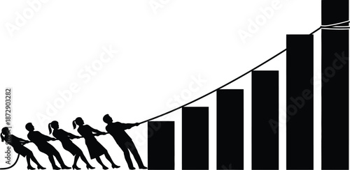 Business team of silhouetted people pulling a rope connected to an ascending bar graph symbolizing collective effort toward financial growth and success
