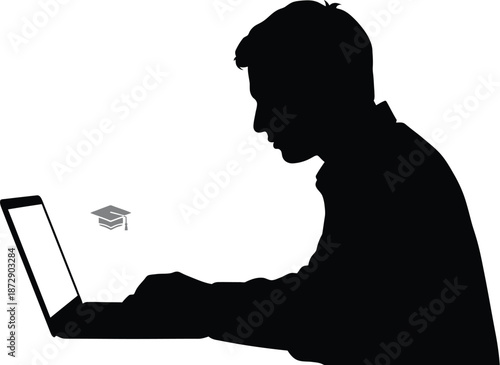 Silhouette of a focused student diligently working on a laptop computer with a graduation cap icon symbolizing online learning achievement and digital education