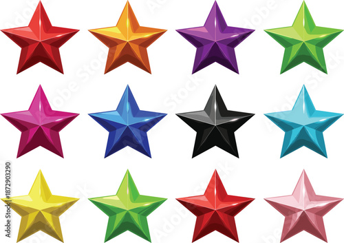 Large set of twelve colorful 3D star vector icons with glossy faceted texture in rainbow colors including black and gold for premium ratings and awards