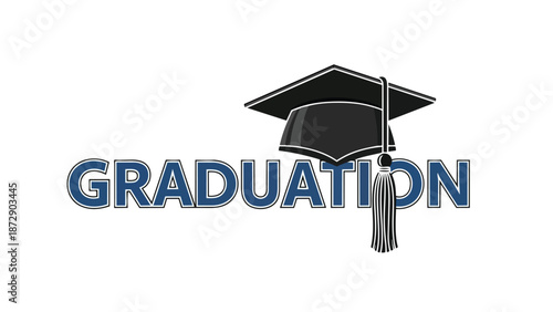 Clean vector illustration of a black graduation cap with a tassel over the bold blue text 'GRADUATION' on white, symbolizing academic achievement