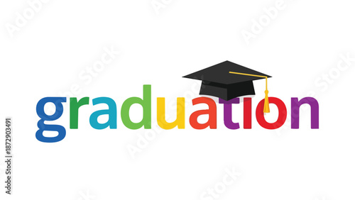 Joyful educational milestone symbol with colorful typography and classic graduation cap motif