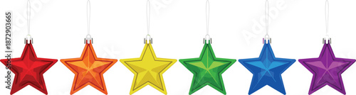 Set of colorful hanging star ornaments in rainbow colors red orange yellow green blue and purple for festive holiday party decoration and pride celebration