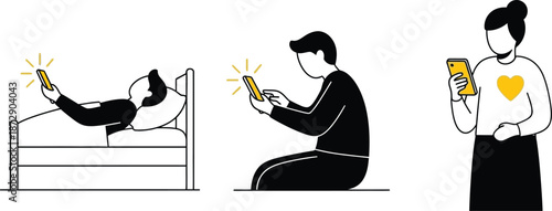 Hand drawn vector illustration of people using smartphones, addiction, insomnia, and online dating concept.