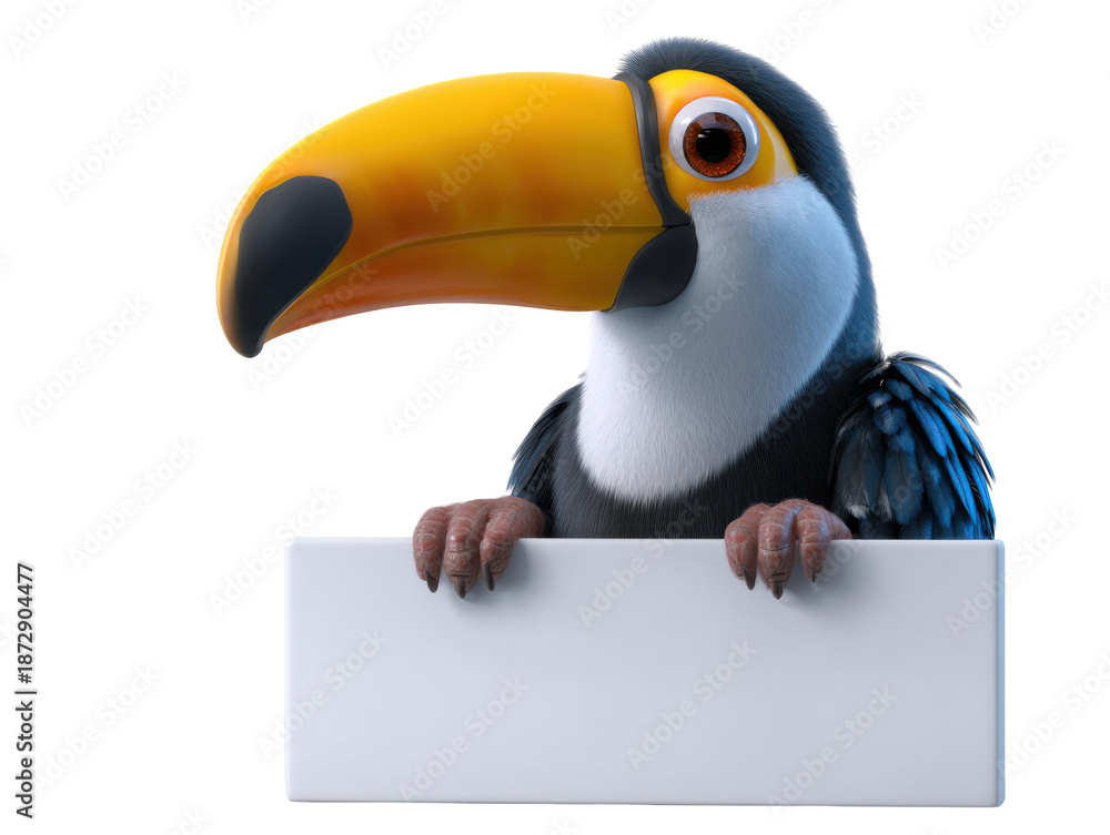 Fototapeta premium Colorful toucan holding blank signboard