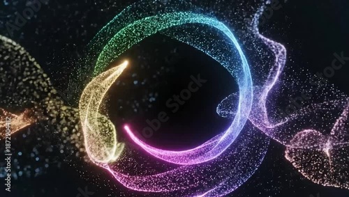 Vibrant 4K video of colorful sparkling particles swirling in a mesmerizing dance across the dark space