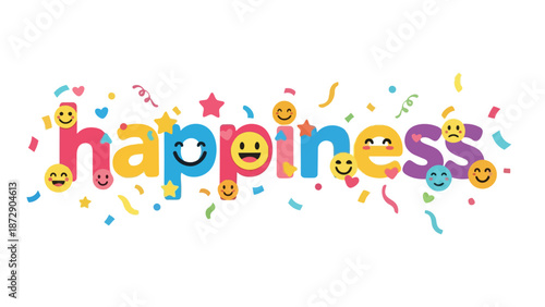 Vibrant textual display of the word happiness adorned with diverse cheerful emojis and festive confetti creating an atmosphere of pure joyous