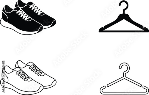 Professional apparel and lifestyle icon set featuring a pair of athletic sneakers and a clothes hanger in both bold black silhouette and clean line-art styles.