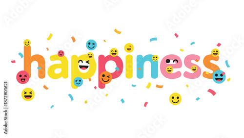 Vibrant happiness word art with playful emojis and cheerful confetti celebrating joy and positive emotions for a delightful visual experience for
