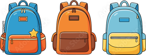 Set of three colorful school backpack vector illustrations in flat cartoon style with vibrant blue orange and yellow colors for education and student supplies