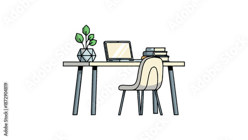 Minimalist Home Office Setup with Laptop and Plant Illustration.