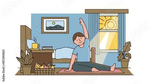 Man stretching on a yoga mat in a bedroom.