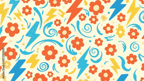 Vibrant and Dynamic Seamless Pattern with Lightning Bolts and Floral Elements.