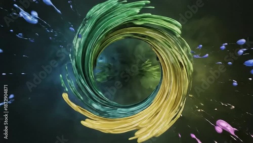 Vibrant 4K Video swirling green and yellow brushstrokes create abstract art with colorful splatters on dark background