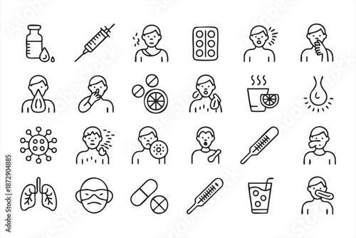 Cold and Flu Symptom Line Icons for Medical Awareness Campaigns
