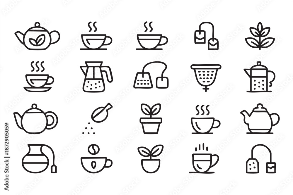 Fototapeta premium Tea and Coffee UI Line Art Icons for Cafe Menus and Beverage Apps