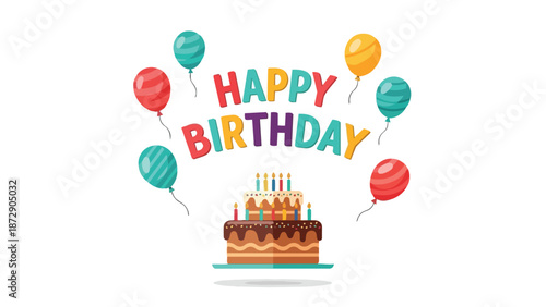 Cheerful birthday scene featuring a delightful two-tier cake adorned with lit candles, surrounded by an array of colorful balloons and festive