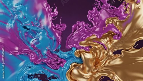Vibrant 4K Video background featuring a mesmerizing swirl of blue, purple, and gold liquid metals in a dark space.