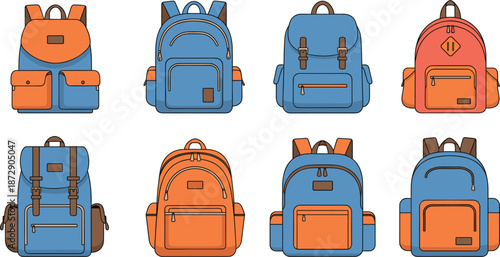 Set of colorful school backpack vector illustrations in flat design style featuring various rucksack icons with pockets and straps for education and travel