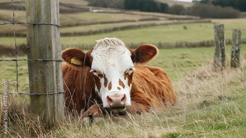 Curious cow lying by fence in tranquil countryside pasture