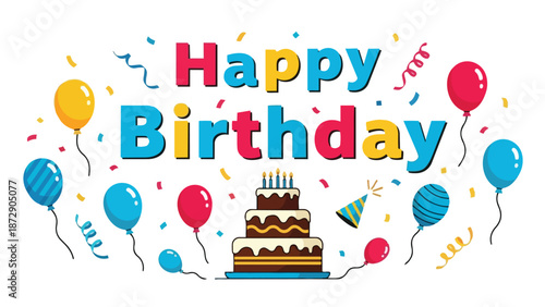 Vivid vector illustration of festive celebration with delightful tiered cake, vibrant balloons, confetti, graceful streamers, embodying pure joy for