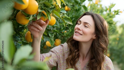 Woman joyfully picking ripe lemons in orchard on a sunny day