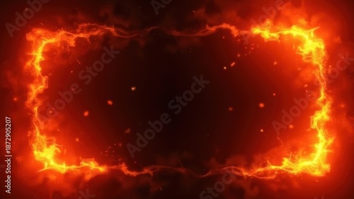 fiery abstract background with glowing red orange flames bursting from corners forming natural frame flying sparks and subtle smoke effects dramatic fire composition with dark center 