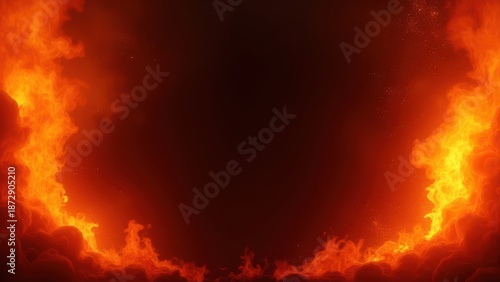 fiery abstract background with glowing red orange flames bursting from corners forming natural frame flying sparks and subtle smoke effects dramatic fire composition with dark center 