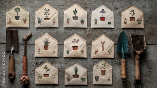 Garden tools and seeds arrangement with rustic wall background showcasing progression of plant growth