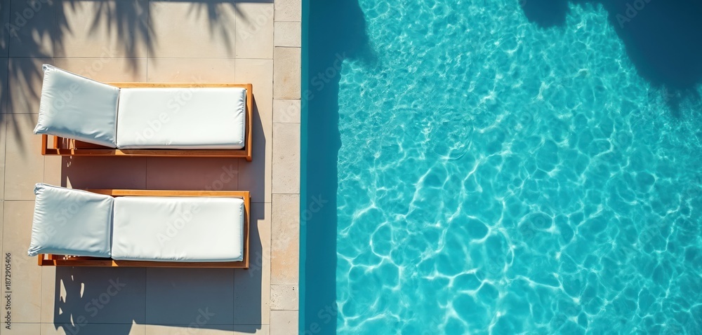Fototapeta premium Top view of two sunbeds beside a swimming pool. Clear water surface creates reflections. Palm tree shadows fall on tile. Summer vacation leisure at resort or spa.