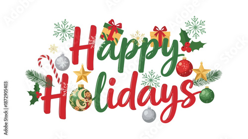 Vibrant festive season greeting featuring cheerful lettering, adorned with classic winter holiday elements like snowflakes, gift boxes, baubles, and