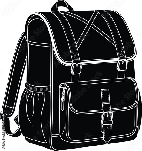 Black and white vintage backpack silhouette vector illustration with straps and buckles technical flat sketch for outdoor travel and school design.