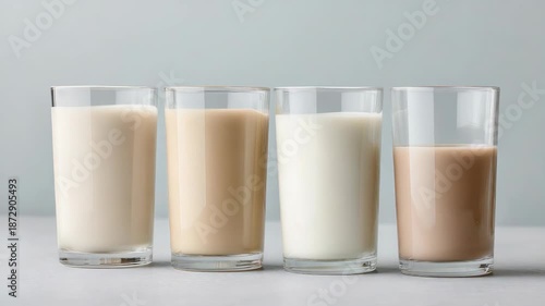 Refreshing variety of dairy and plantbased milk in glasses over time