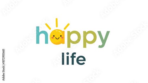 Cheerful typographic design featuring the words 'hoppy life' with a vibrant smiling sun character symbolizing joy optimism and a bright outlook on