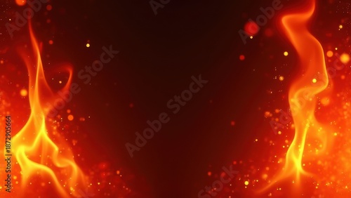 fiery abstract background with glowing red orange flames bursting from corners forming natural frame flying sparks and subtle smoke effects dramatic fire composition with dark center 