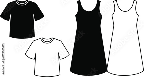 Professional minimalist apparel icon set featuring short-sleeve t-shirts and sleeveless summer dresses in both bold black silhouette and clean line-art styles.