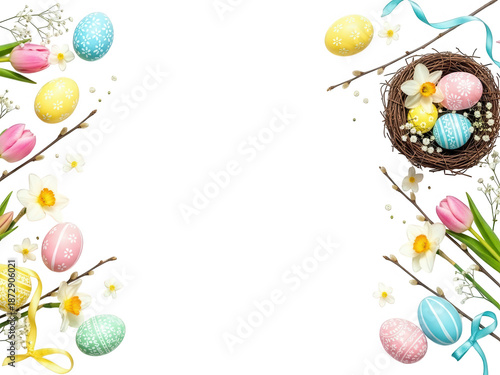 Easter eggs and flowers in a beautiful arrangement isolated on transparent background